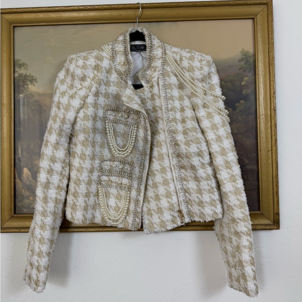 Tweed Moto Jacket with pearl & rhinestone embellishments